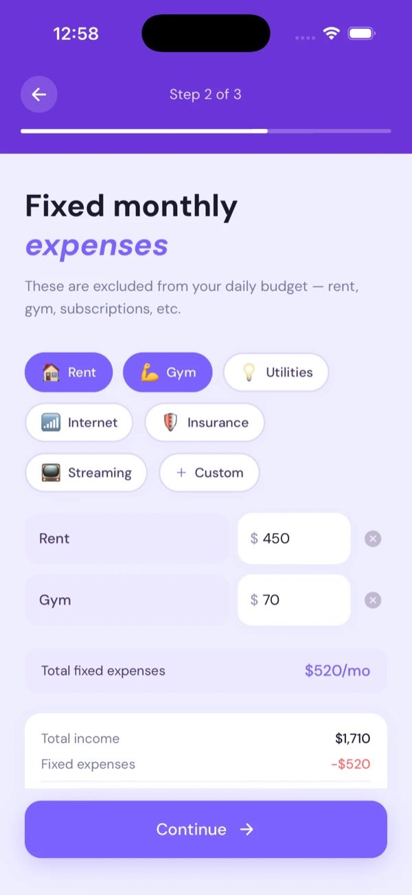 Onboarding step 2: list your fixed expenses